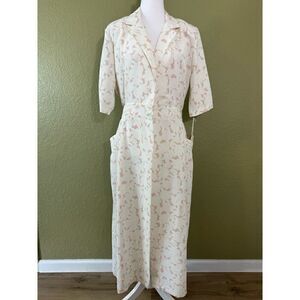 Vintage Justine Womens 9 Housecoat Wrap Dress Neutral Beige Tan Floral Deadstock